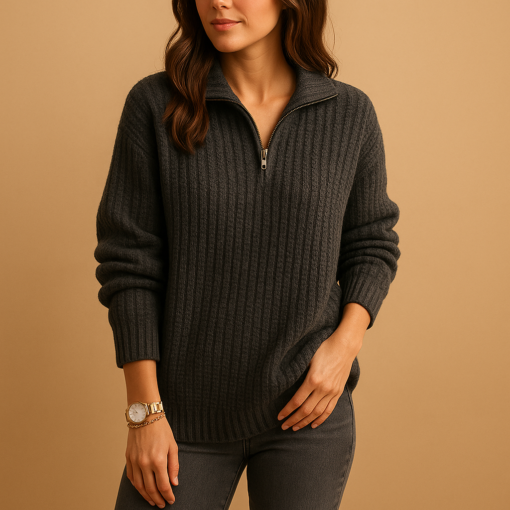 Women’s half zip knitted sweater with chic collar, soft breathable fabric, and regular fit, available in khaki, gray, blue, and black.