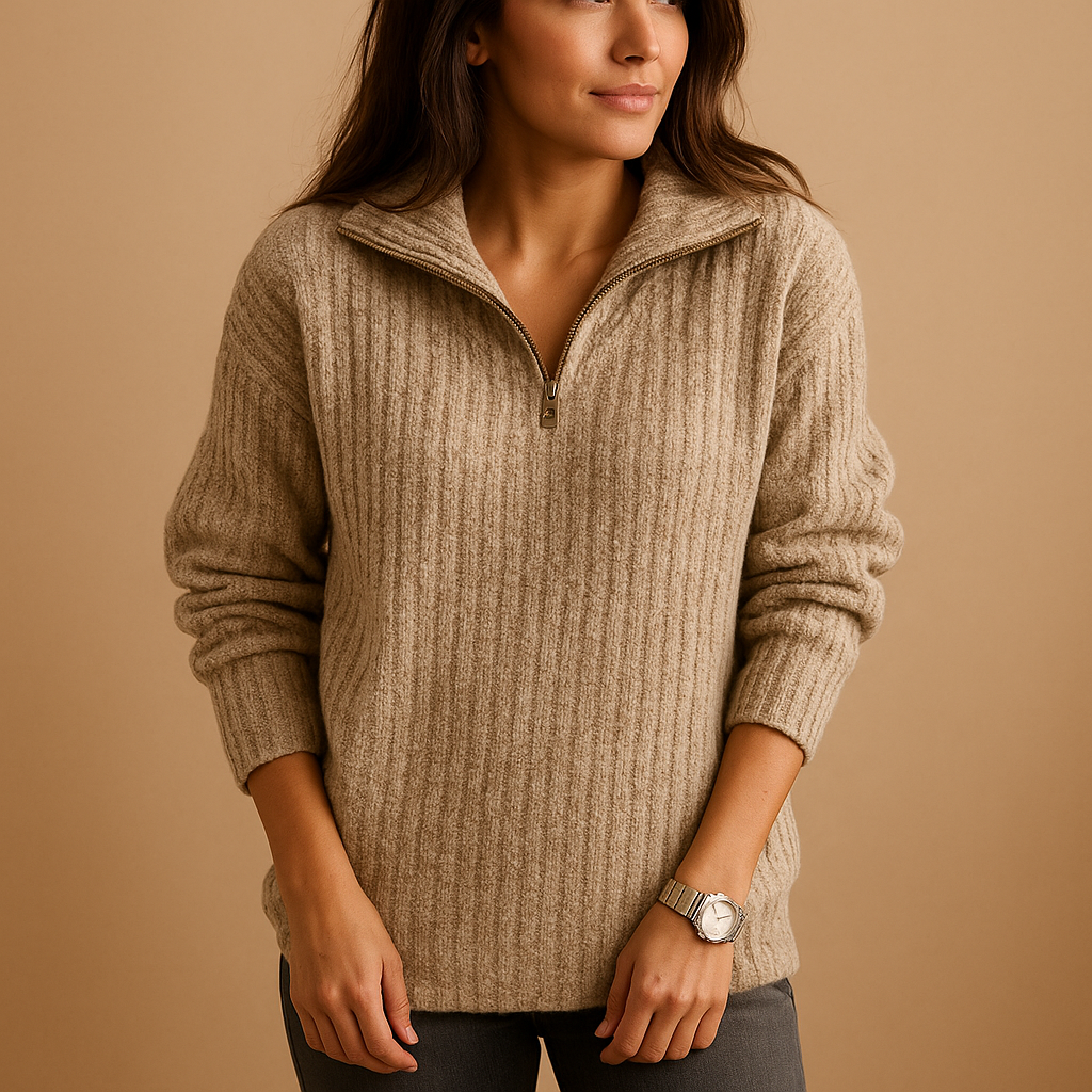 Women’s half zip knitted sweater with chic collar, soft breathable fabric, and regular fit, available in khaki, gray, blue, and black.