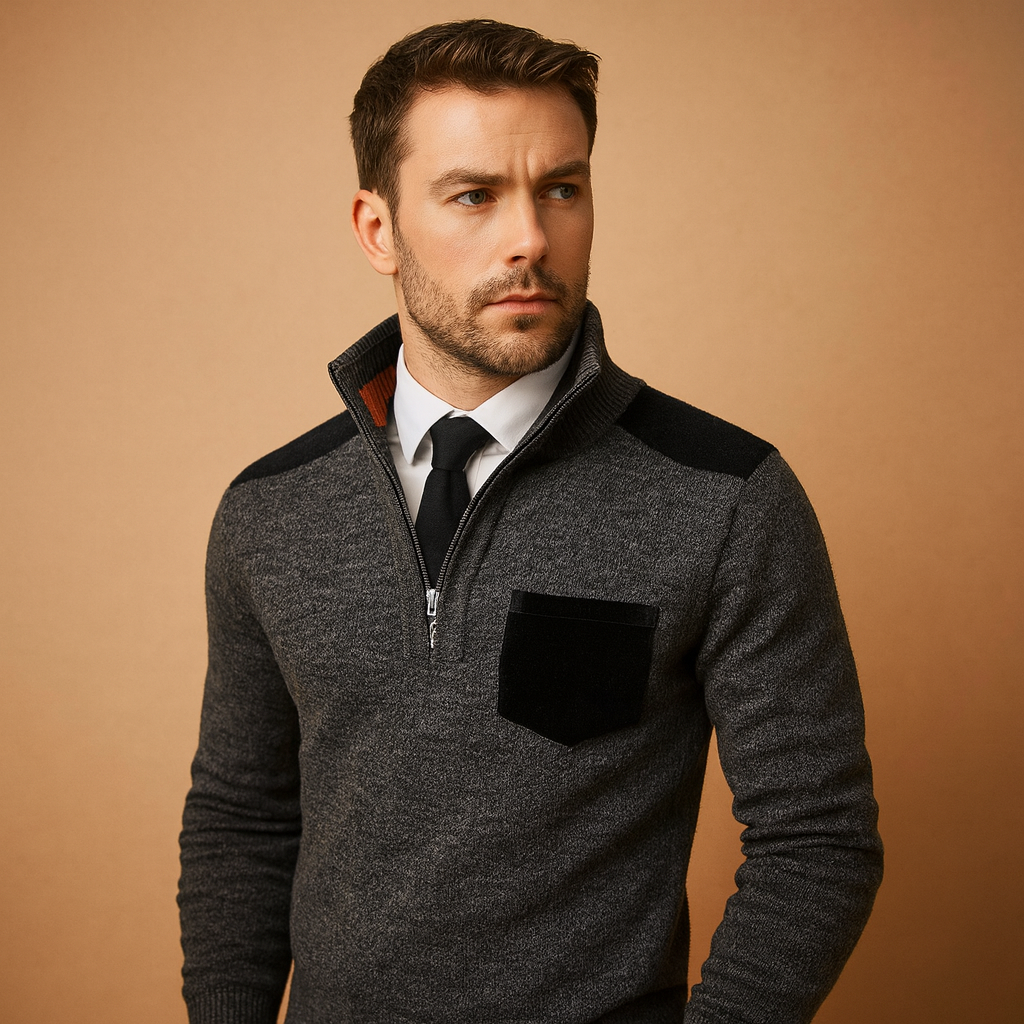 Men’s half-zip pullover with adjustable stand collar and chest pocket, perfect for autumn and winter work or leisure outfits.