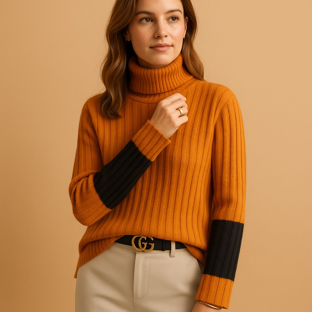 Women’s high neck knit sweater with slim fit, long sleeves, and breathable fabric. Ideal for stylish workwear, casual outfits, and layered looks.