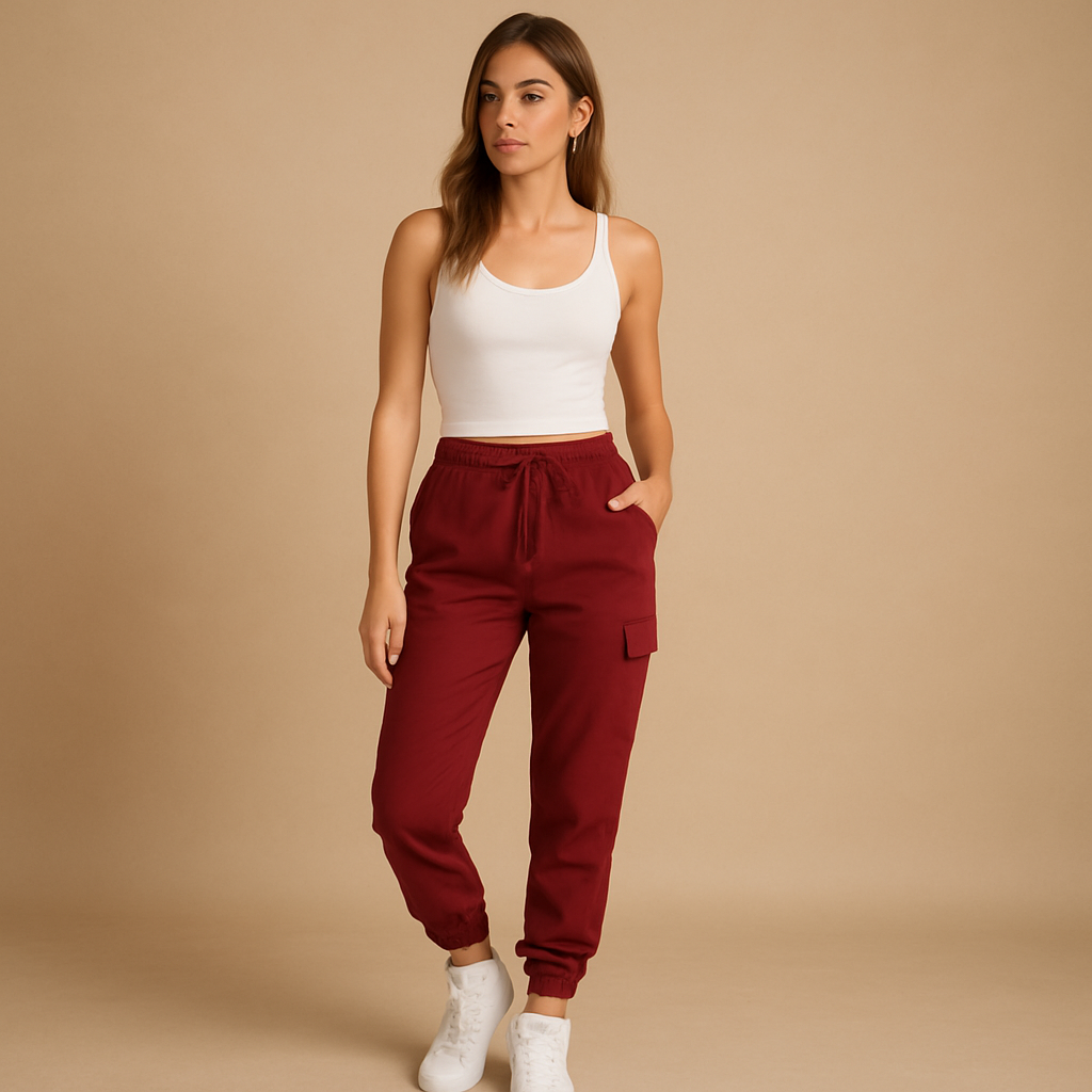 Women’s high waist cargo pants with slim fit and durable stretch fabric, featuring functional cargo pockets for casual and semi-formal outfits.