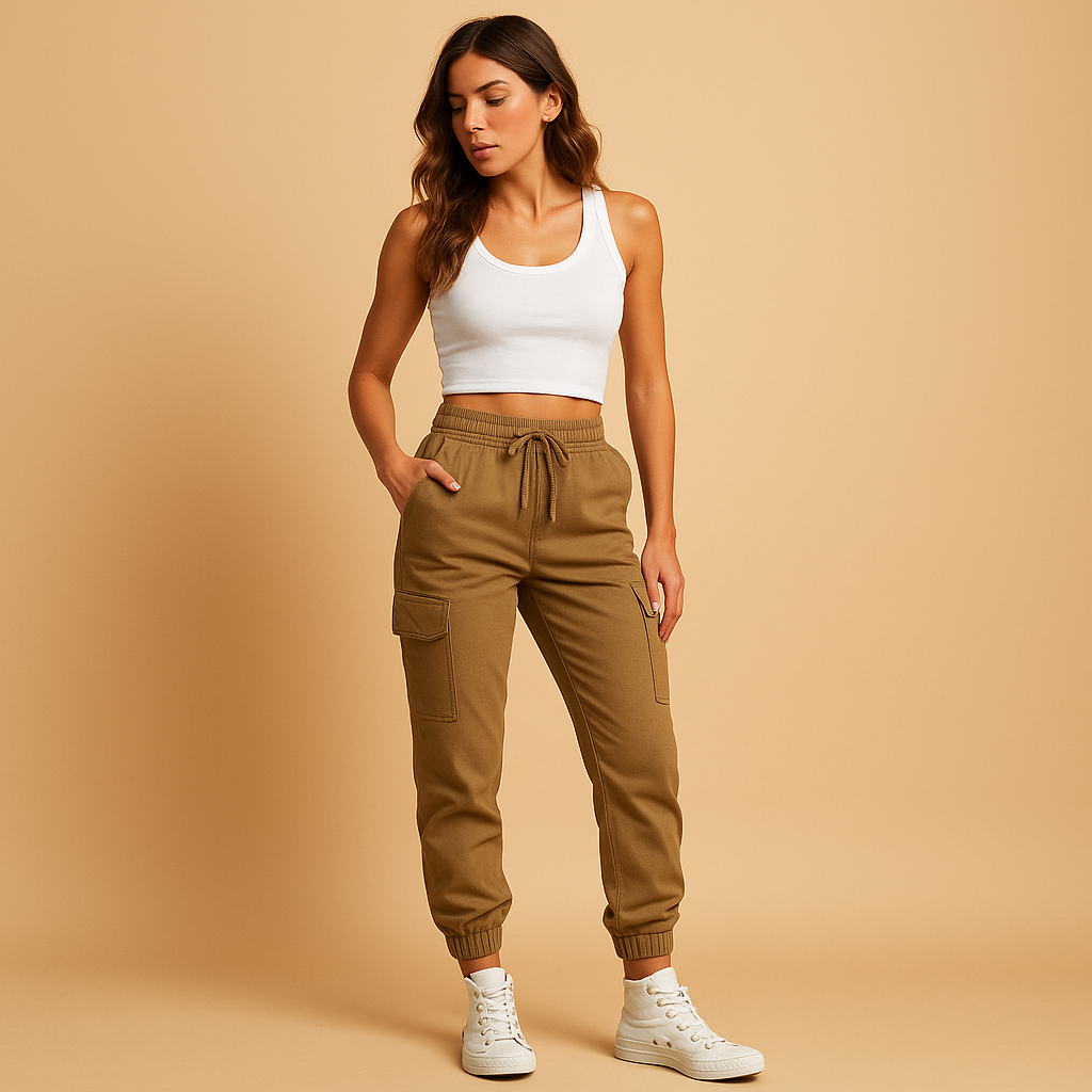 Women’s high waist cargo pants with slim fit and durable stretch fabric, featuring functional cargo pockets for casual and semi-formal outfits.