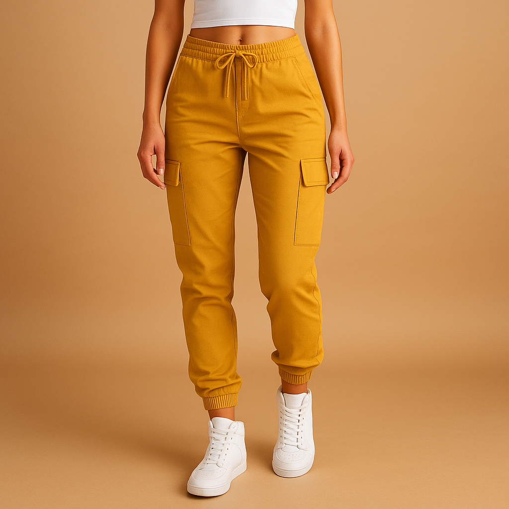 Women’s high waist cargo pants with slim fit and durable stretch fabric, featuring functional cargo pockets for casual and semi-formal outfits.