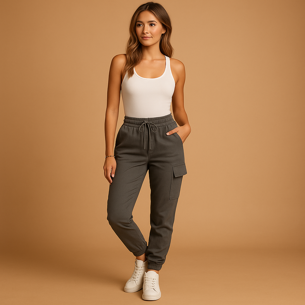 Women’s high waist cargo pants with slim fit and durable stretch fabric, featuring functional cargo pockets for casual and semi-formal outfits.
