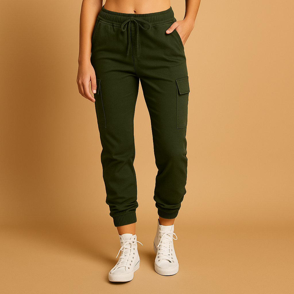 Women’s high waist cargo pants with slim fit and durable stretch fabric, featuring functional cargo pockets for casual and semi-formal outfits.