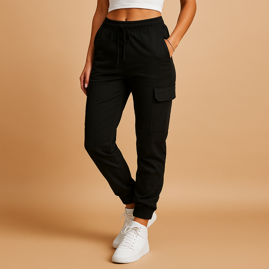 Women’s high waist cargo pants with slim fit and durable stretch fabric, featuring functional cargo pockets for casual and semi-formal outfits.
