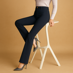 Women’s high waist flared pants with slim fit, wide legs, practical pockets, and cotton blend fabric. Perfect for work, casual, and formal outfits.