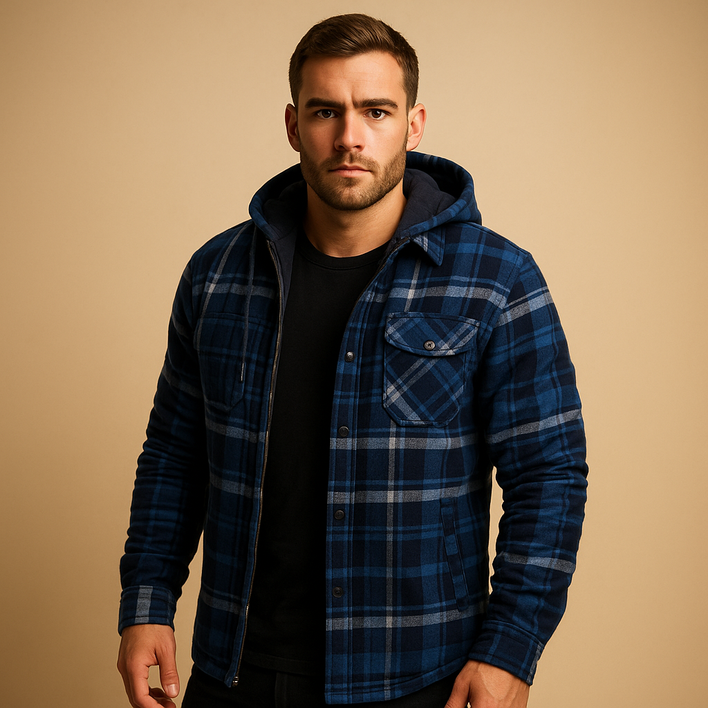 Men’s hooded bomber jacket with soft lining and classic design, ideal for casual wear and winter protection.