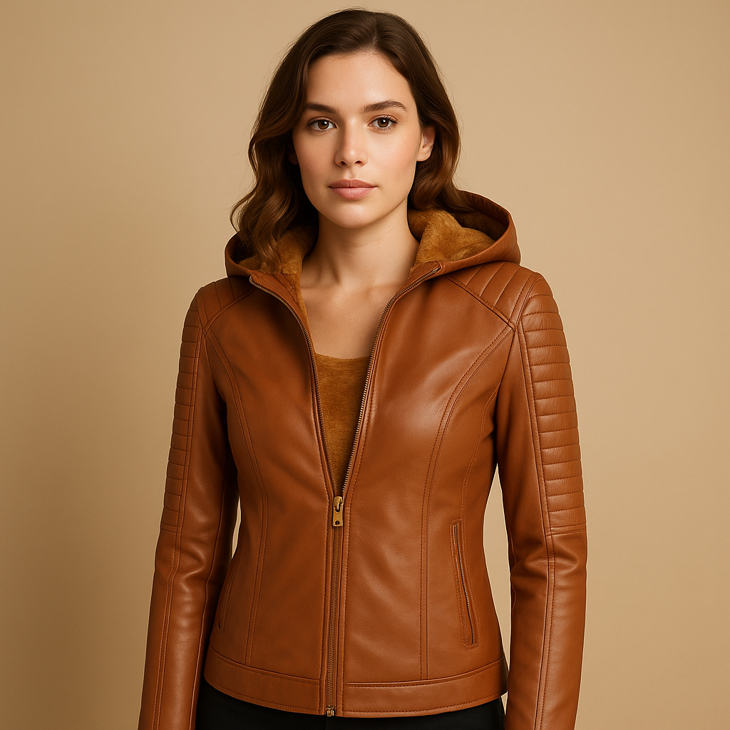 Women’s hooded jacket with detachable hood, gold accents, and symmetrical zipper, ideal for daily wear and smart casual layering.