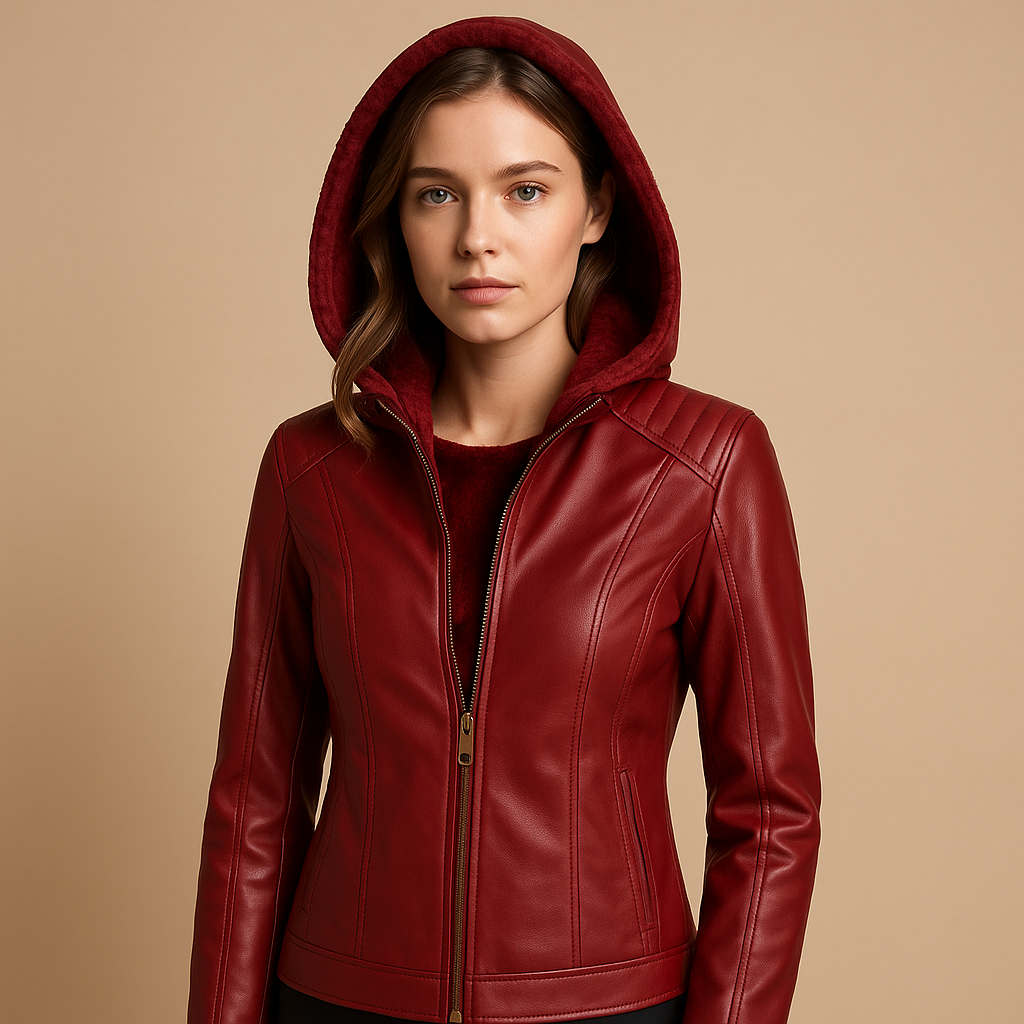 Women’s hooded jacket with detachable hood, gold accents, and symmetrical zipper, ideal for daily wear and smart casual layering.