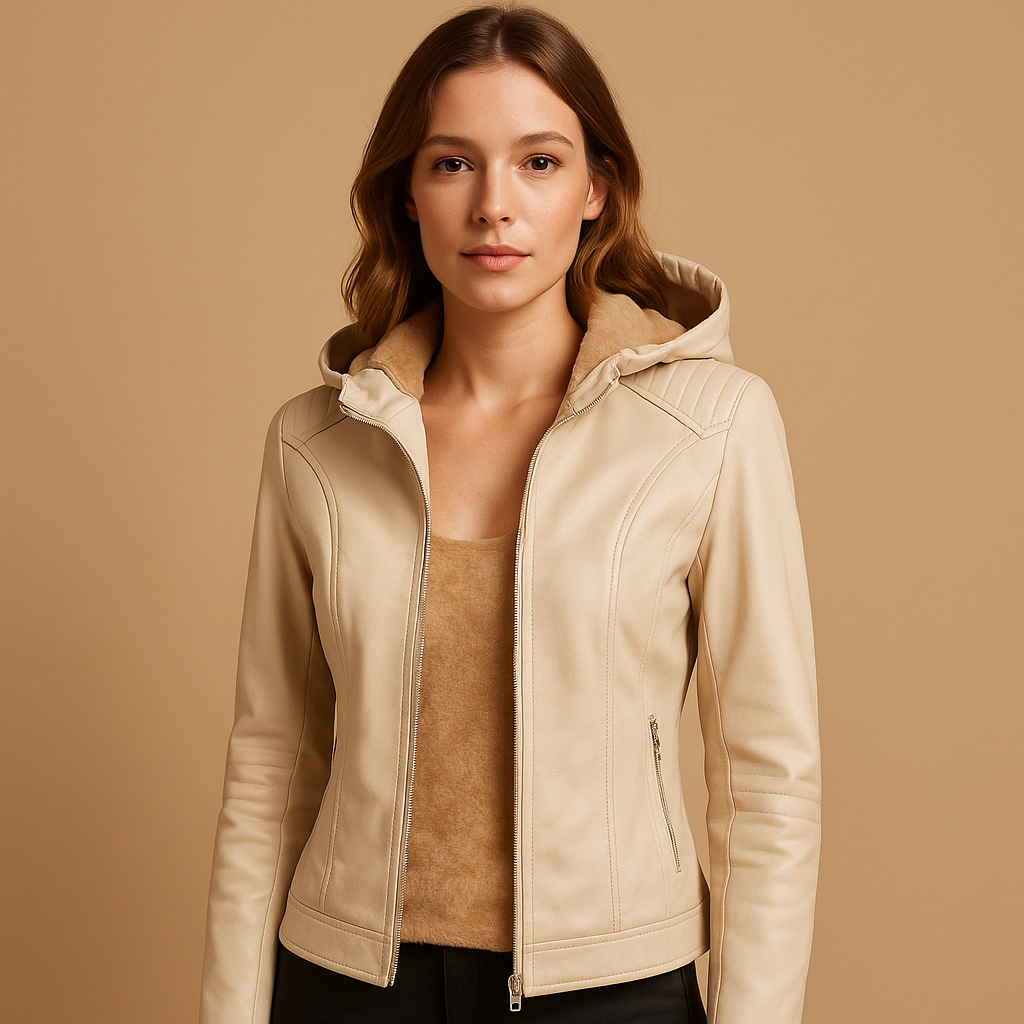 Women’s hooded jacket with detachable hood, gold accents, and symmetrical zipper, ideal for daily wear and smart casual layering.