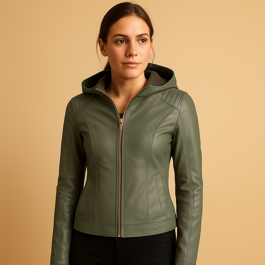 Women’s hooded jacket with detachable hood, gold accents, and symmetrical zipper, ideal for daily wear and smart casual layering.