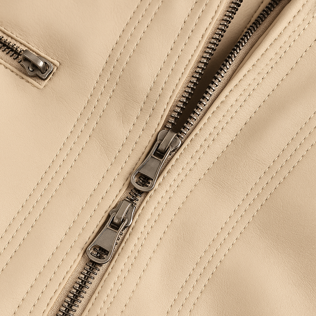 Women’s hooded jacket with detachable knitted hood, double zipper, and tailored silhouette, ideal for casual and elegant everyday outfits.