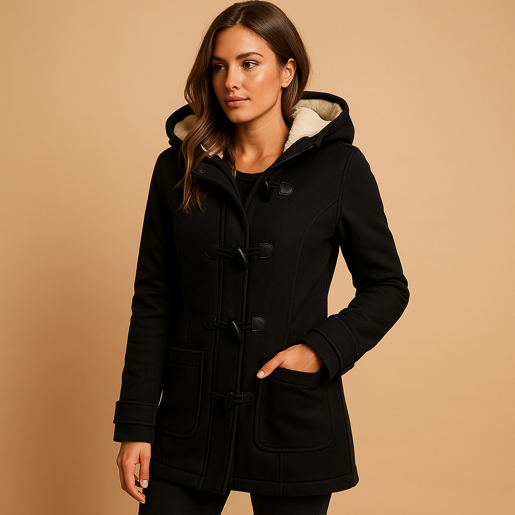 Long winter coat for women with hood and front zipper, wind-resistant design ideal for everyday wear and elegant winter looks.