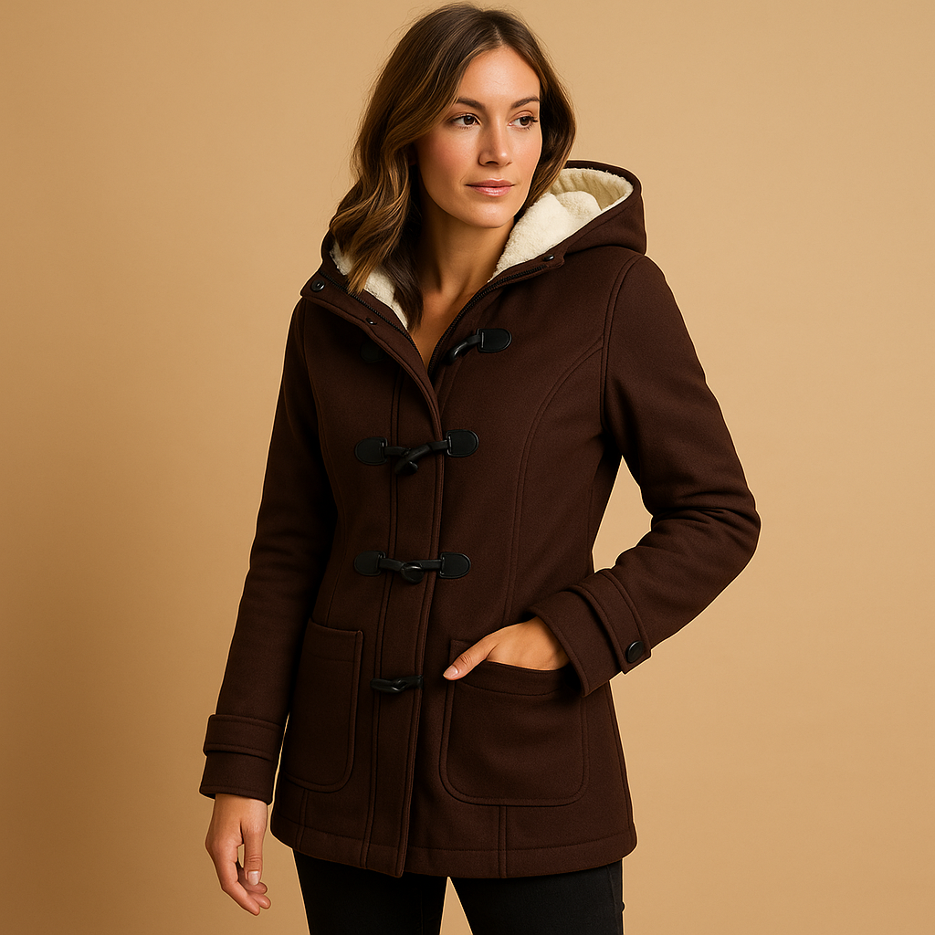 Long winter coat for women with hood and front zipper, wind-resistant design ideal for everyday wear and elegant winter looks.