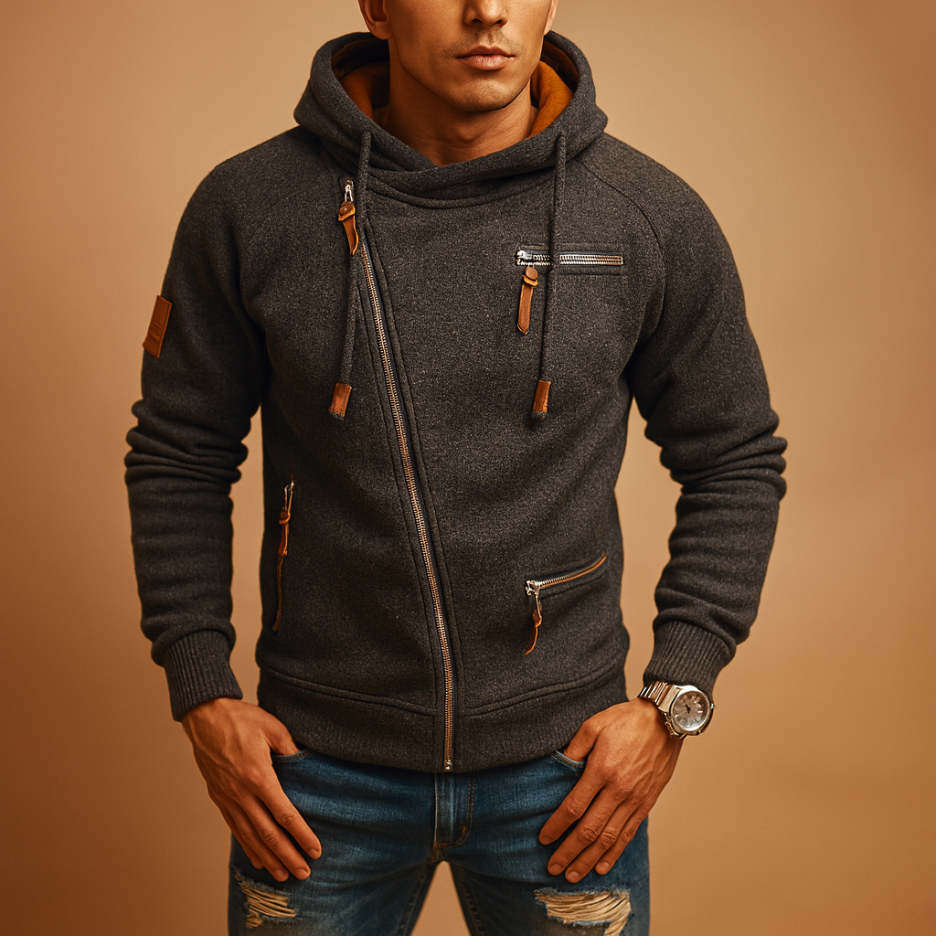 Men’s hooded zip jacket with modern design, soft fabric, and practical pockets, perfect for autumn and winter casual or semi-formal looks.