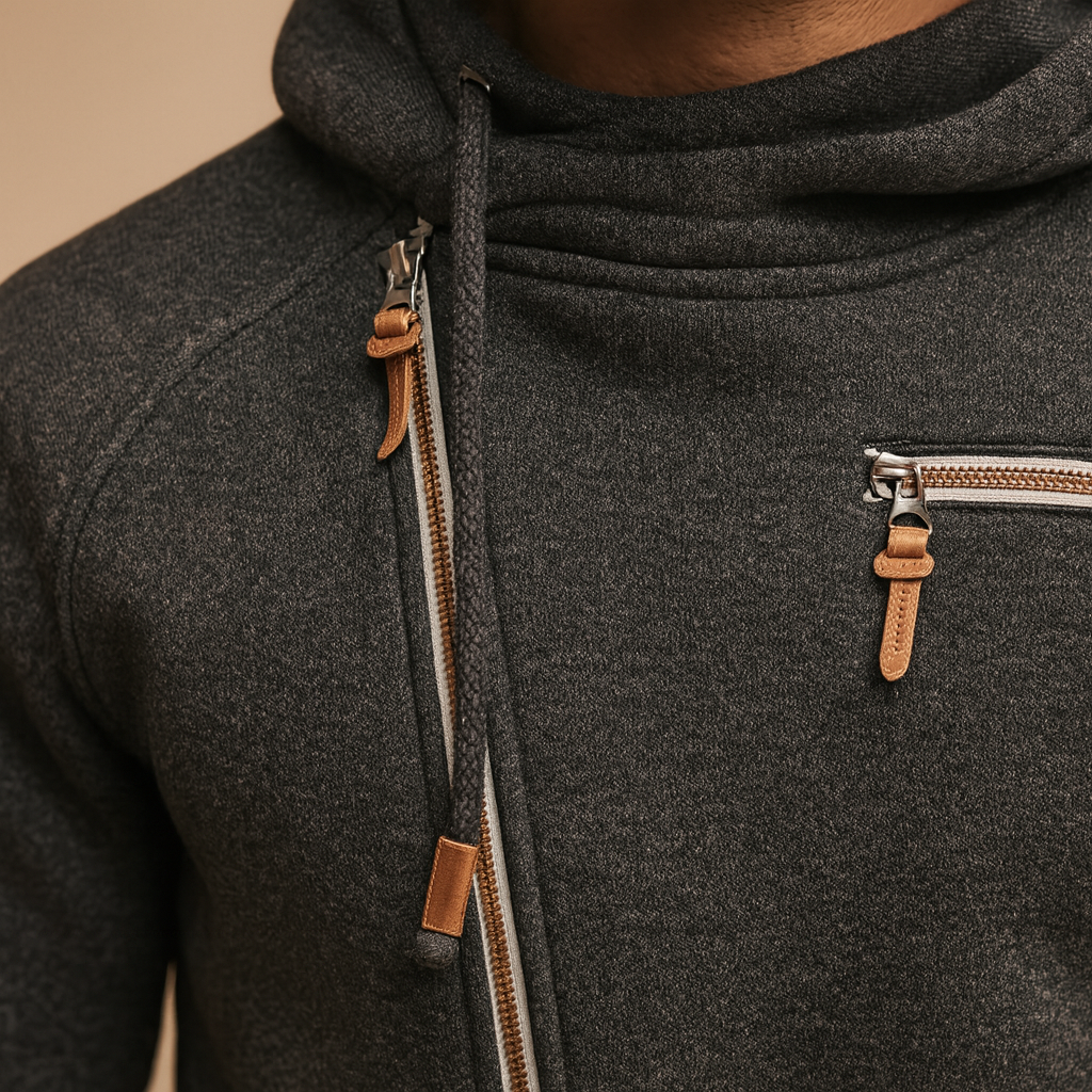 Men’s hooded zip jacket with modern design, soft fabric, and practical pockets, perfect for autumn and winter casual or semi-formal looks.
