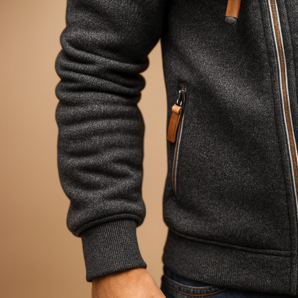 Men’s hooded zip jacket with modern design, soft fabric, and practical pockets, perfect for autumn and winter casual or semi-formal looks.