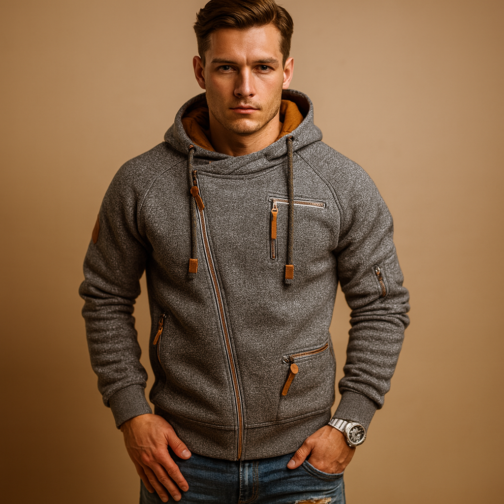 Men’s hooded zip jacket with modern design, soft fabric, and practical pockets, perfect for autumn and winter casual or semi-formal looks.