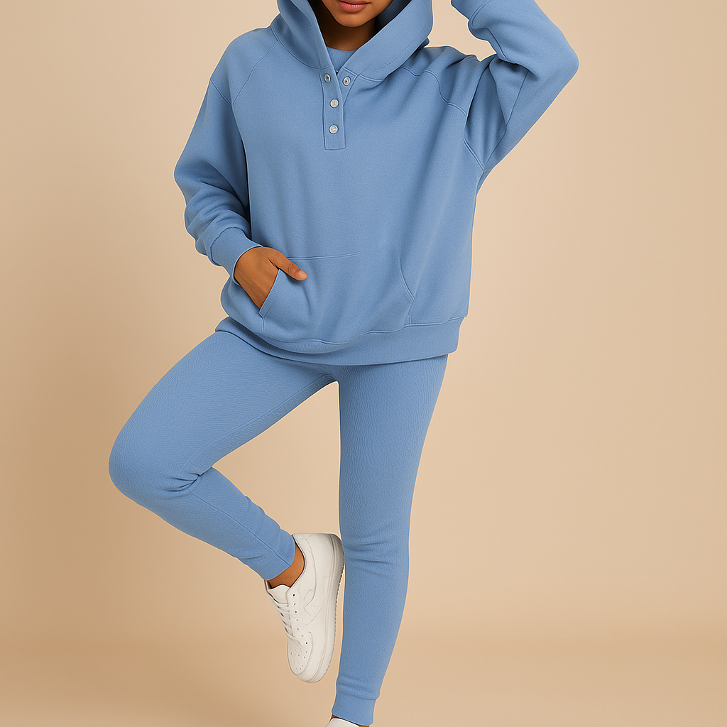 Women’s hoodie and jogger loungewear set with relaxed fit, perfect for lounging, everyday wear, or outdoor casual looks.
