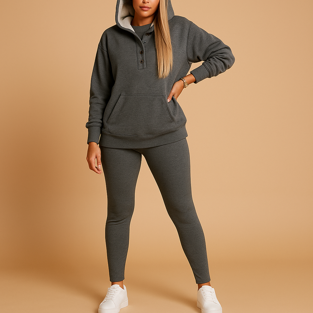 Women’s hoodie and jogger loungewear set with relaxed fit, perfect for lounging, everyday wear, or outdoor casual looks.