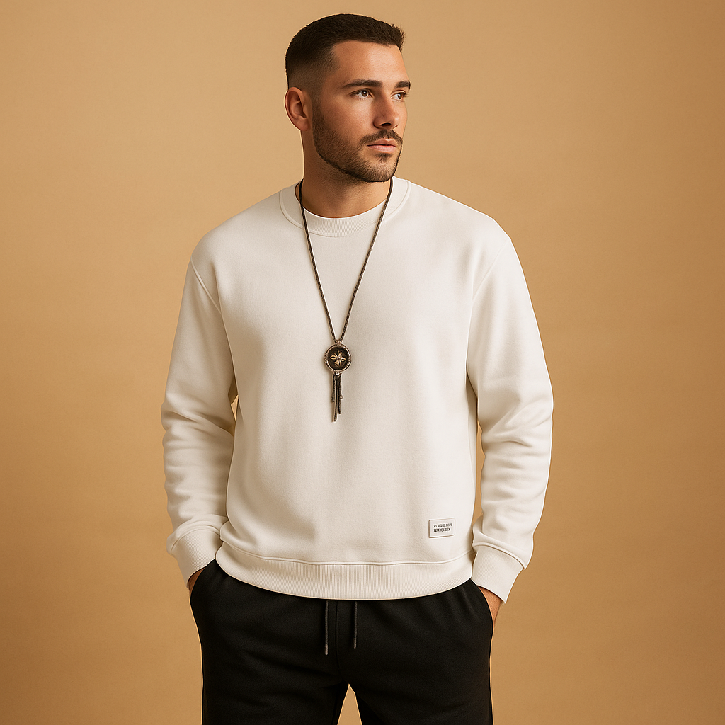 Modern men’s tracksuit with matching sweater and jogging jeans, perfect for leisure, casual wear, or light daily activities.