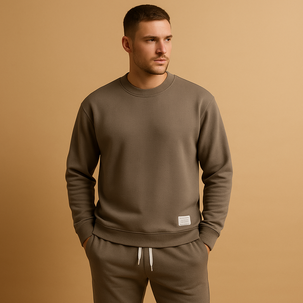 Modern men’s tracksuit with matching sweater and jogging jeans, perfect for leisure, casual wear, or light daily activities.
