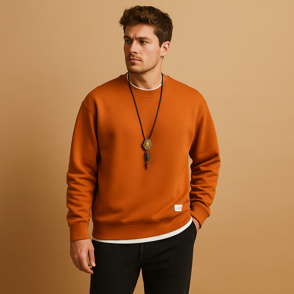 Modern men’s tracksuit with matching sweater and jogging jeans, perfect for leisure, casual wear, or light daily activities.