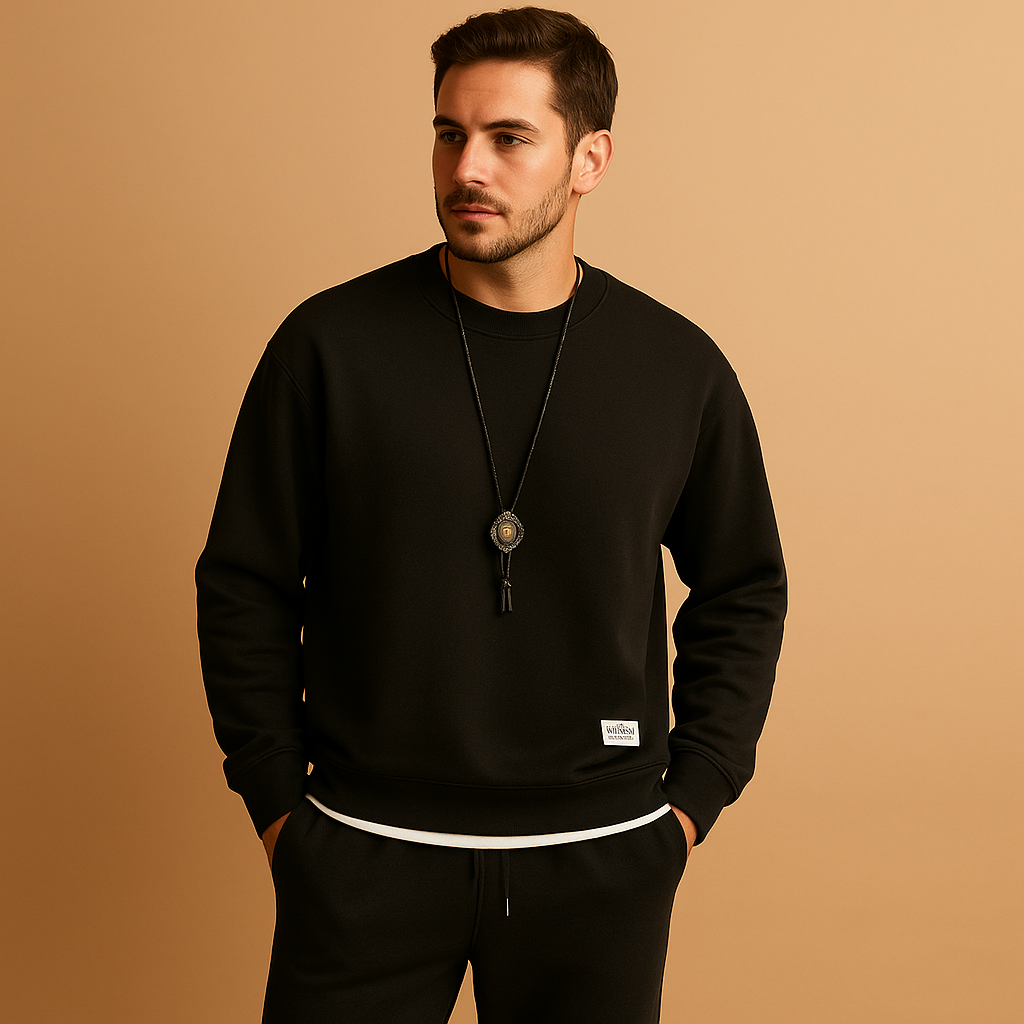 Modern men’s tracksuit with matching sweater and jogging jeans, perfect for leisure, casual wear, or light daily activities.