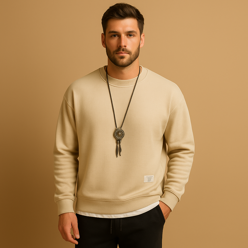 Modern men’s tracksuit with matching sweater and jogging jeans, perfect for leisure, casual wear, or light daily activities.