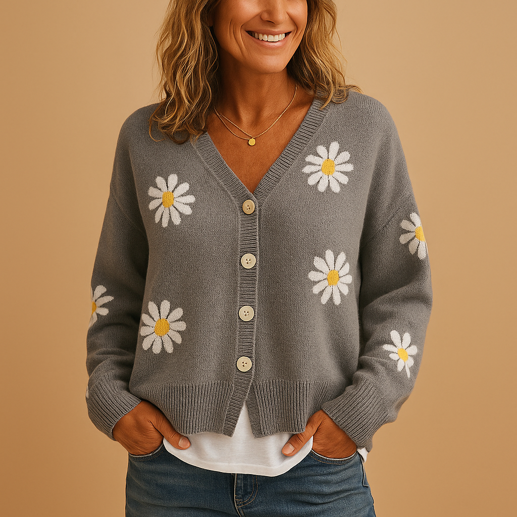 Women’s knitted cardigan with button closure and floral pattern, soft breathable knit, perfect for autumn and winter layering in casual or refined outfits.