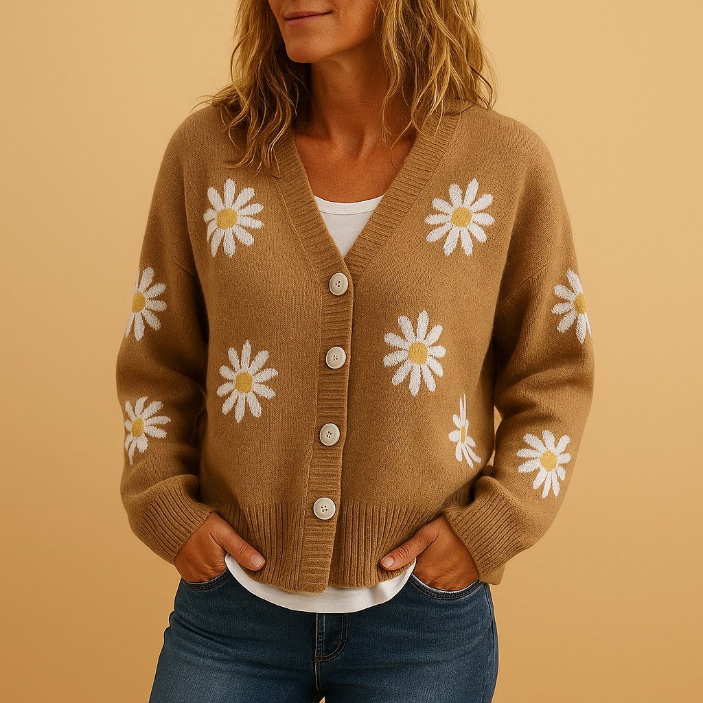 Women’s knitted cardigan with button closure and floral pattern, soft breathable knit, perfect for autumn and winter layering in casual or refined outfits.