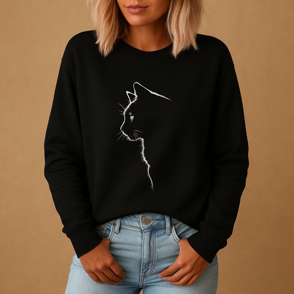 Women’s knitted cat print sweater with a relaxed fit and soft cotton blend, perfect for casual days, cozy evenings, and stylish everyday wear.