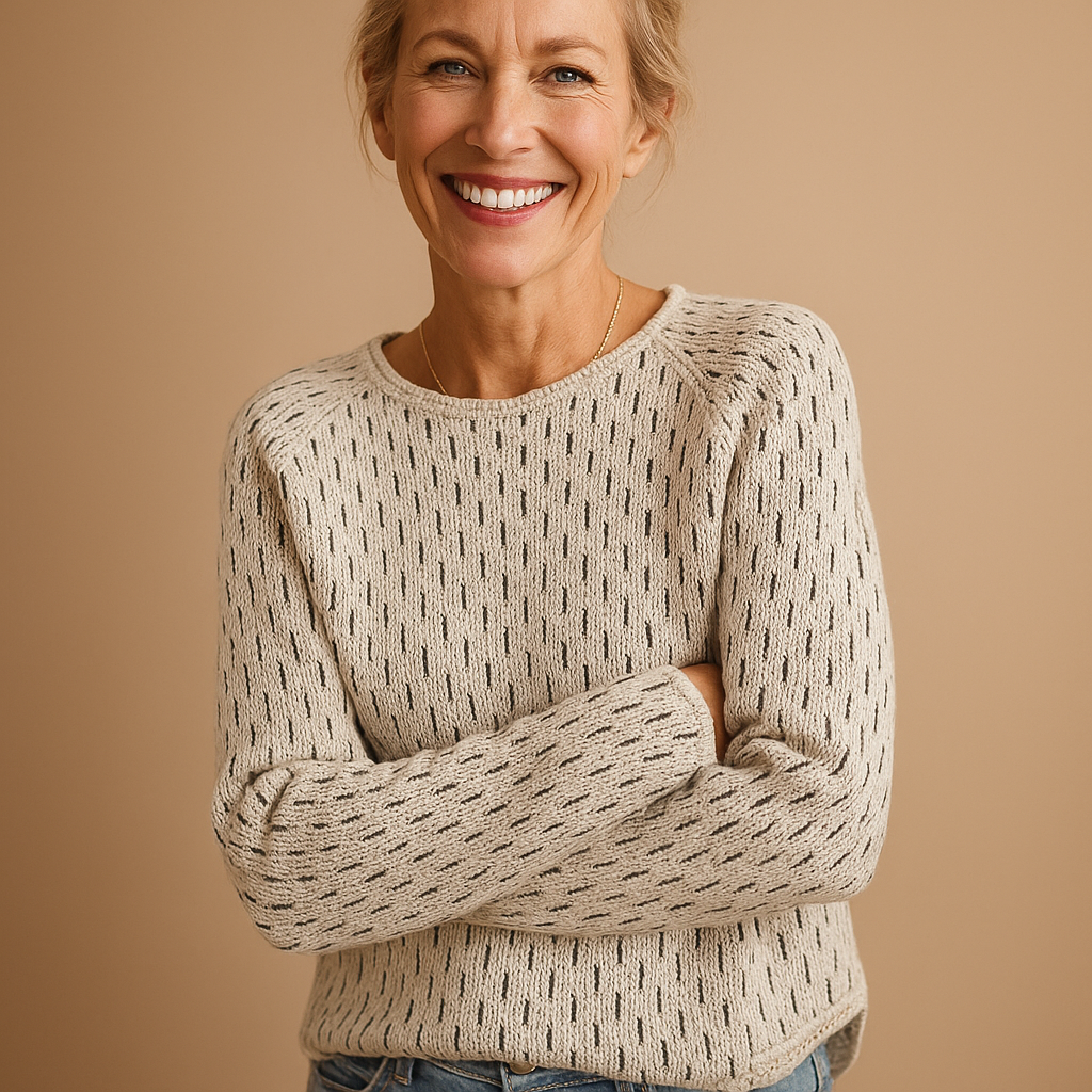 Women’s knitted grey winter sweater with relaxed fit, breathable knit fabric, and elegant texture, perfect for layering in casual or formal looks.
