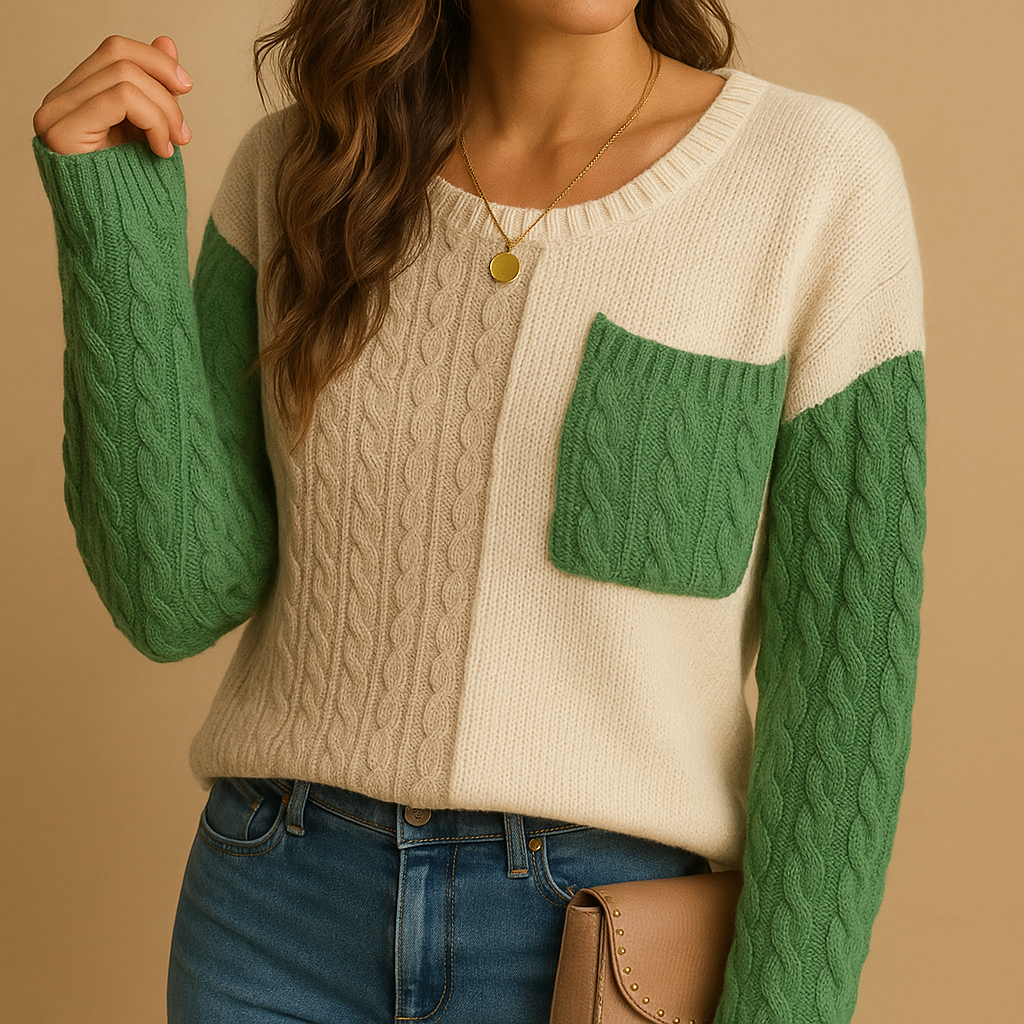 Women’s knitted sweater with cable pattern, relaxed fit, dropped shoulders, and pocket detail. Perfect for casual outfits, layering, or cozy days at home.
