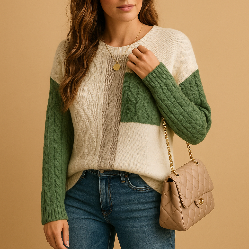 Women’s knitted sweater with cable pattern, relaxed fit, dropped shoulders, and pocket detail. Perfect for casual outfits, layering, or cozy days at home.