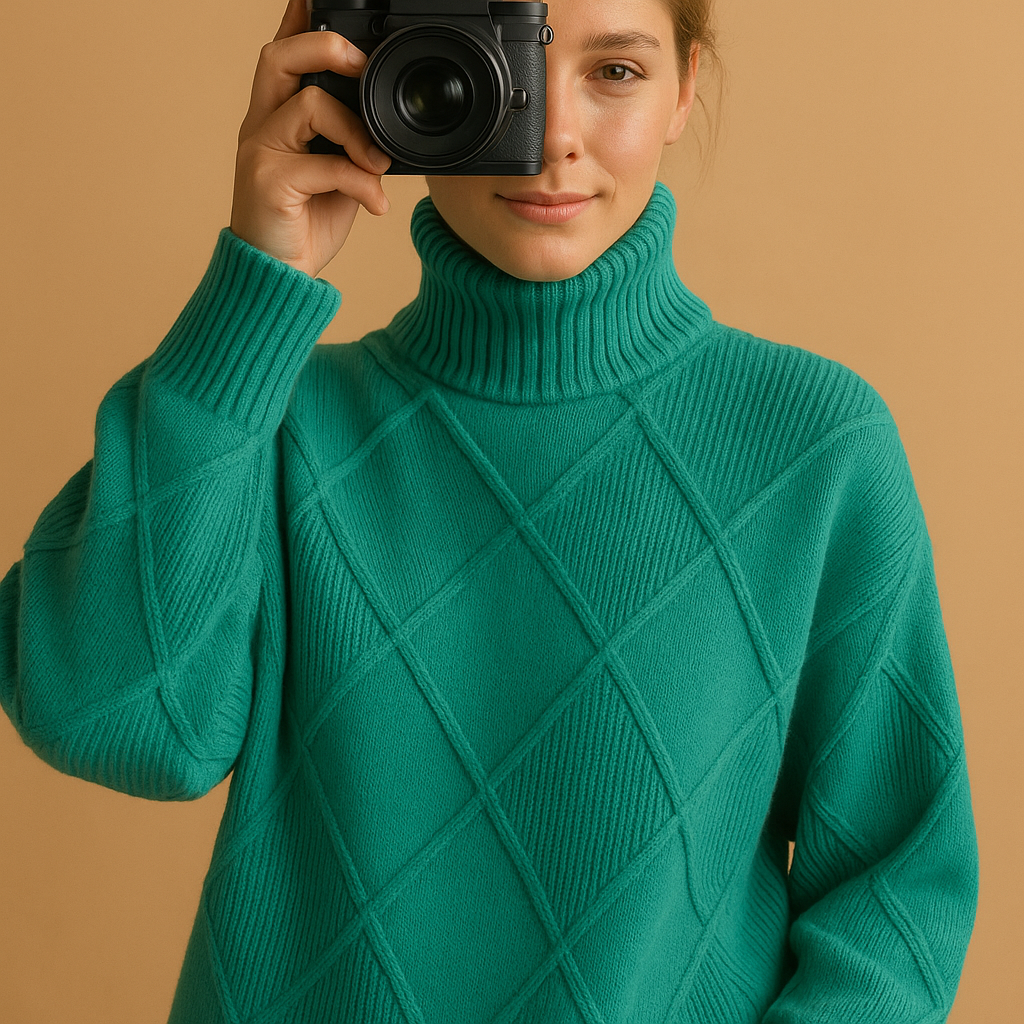 Women’s knitted turtleneck sweater with a modern silhouette, breathable fabric, and elegant fit. Perfect for year-round layering and casual wear.
