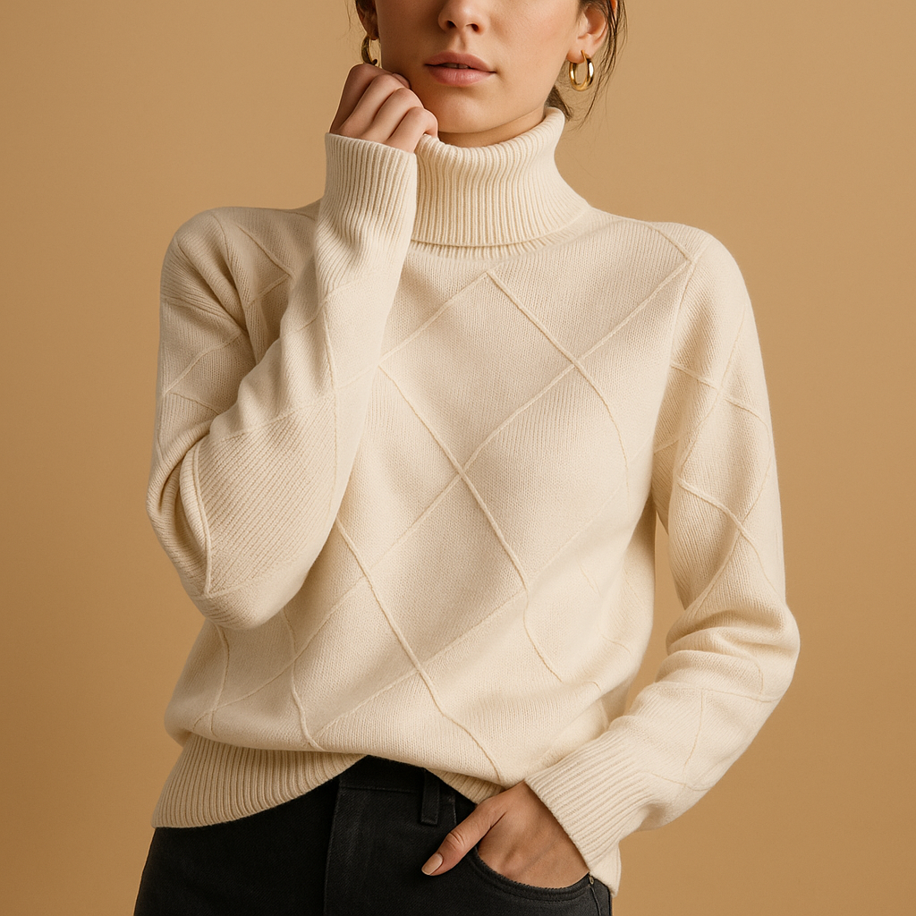 Women’s knitted turtleneck sweater with a modern silhouette, breathable fabric, and elegant fit. Perfect for year-round layering and casual wear.