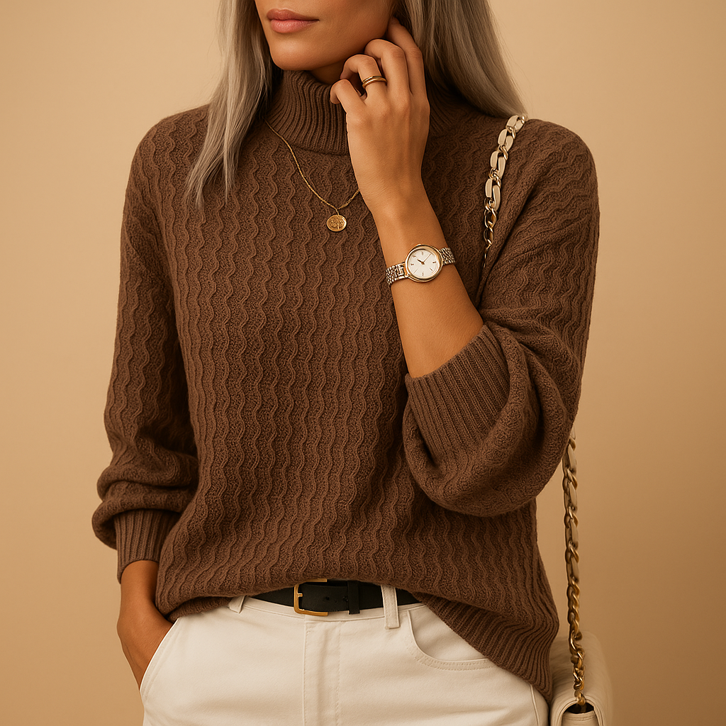 Women’s knitted turtleneck sweater in apricot and coffee, slim fit with a refined silhouette, perfect for office, casual chic, or evening looks.