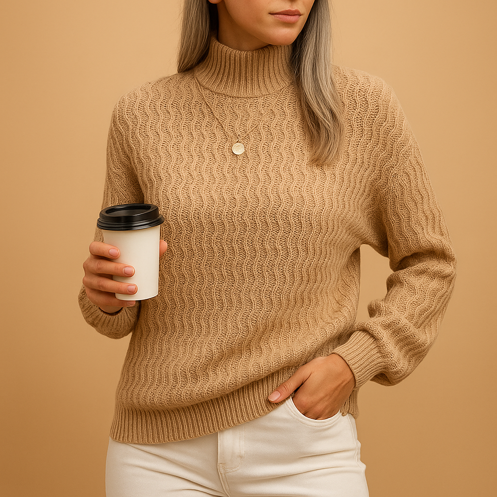 Women’s knitted turtleneck sweater in apricot and coffee, slim fit with a refined silhouette, perfect for office, casual chic, or evening looks.