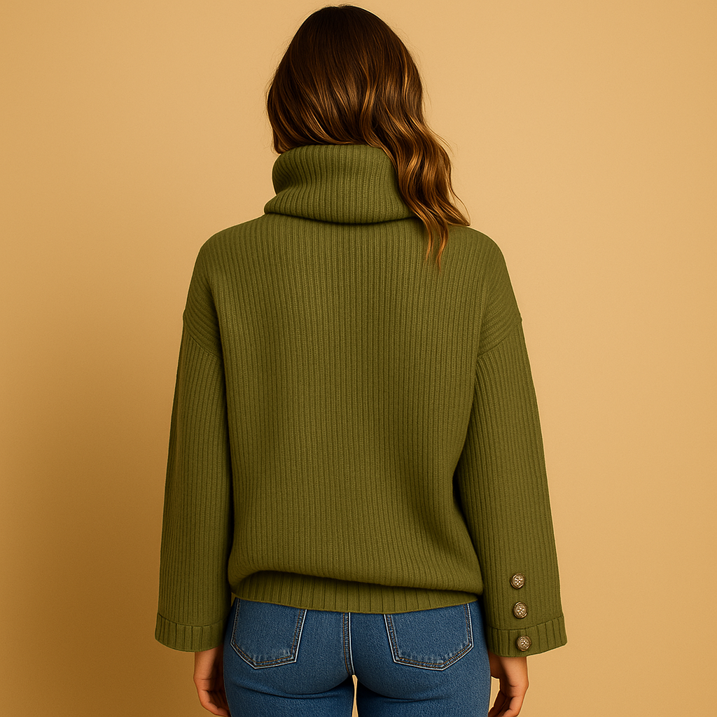 Women’s knitted turtleneck sweater with decorative button detail, relaxed fit, and timeless design, perfect for cozy evenings or stylish layering.
