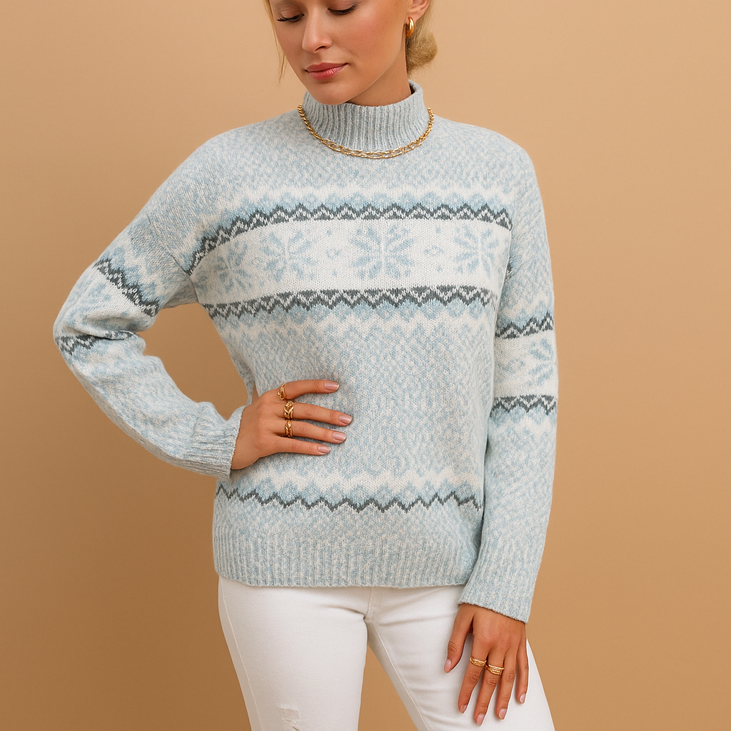 Women’s knitted turtleneck sweater with festive snowflake motif in red, white, and navy, made from a soft warm wool blend for cozy winter wear.