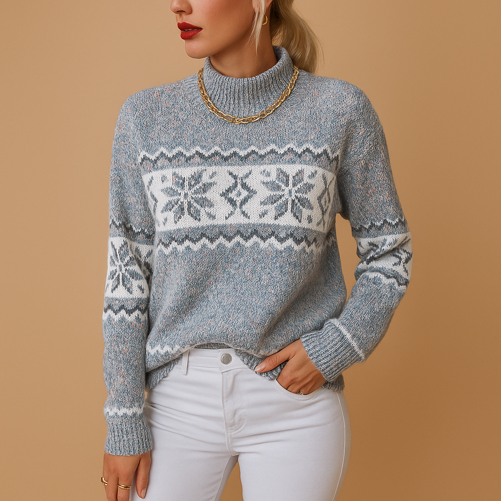 Women’s knitted turtleneck sweater with festive snowflake motif in red, white, and navy, made from a soft warm wool blend for cozy winter wear.
