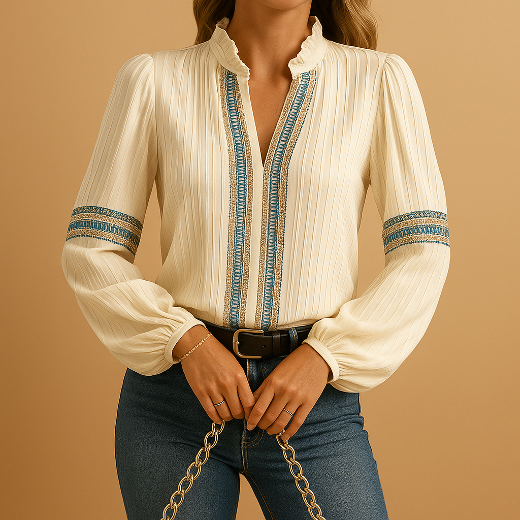 Elegant lace patchwork blouse for women with airy lantern sleeves, perfect for work, evening occasions, or stylish casual looks.