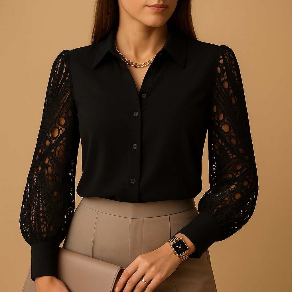 Elegant lace sleeve blouse for women with classic collar and button closure, ideal for work, dinner, or formal occasions.