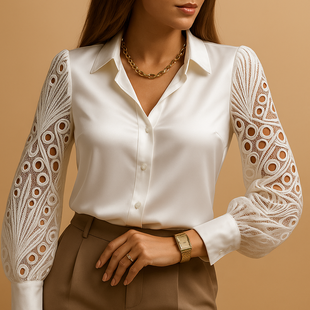 Elegant lace sleeve blouse for women with classic collar and button closure, ideal for work, dinner, or formal occasions.