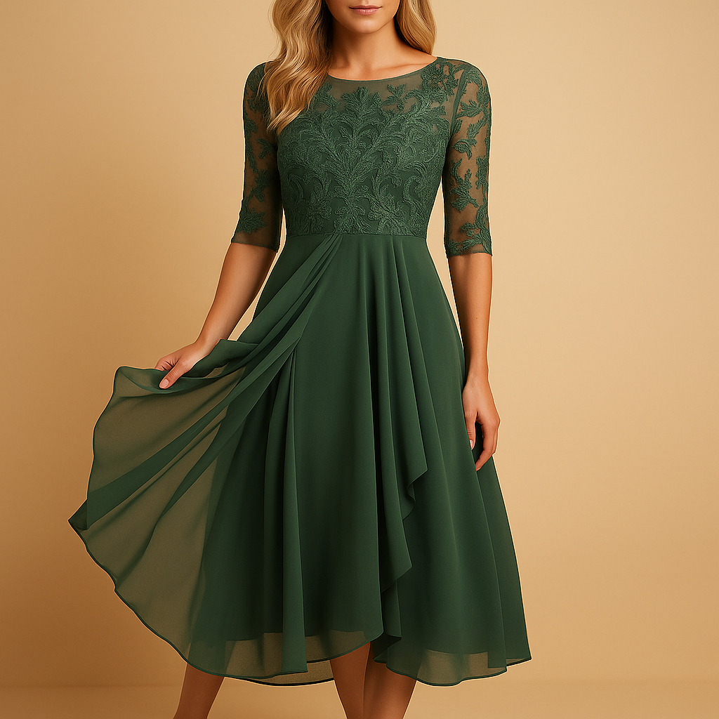 Elegant lace top midi dress for women with asymmetrical layered skirt, ideal for cocktail parties, summer events, and special occasions.