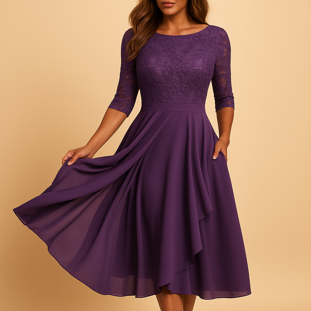 Elegant lace top midi dress for women with asymmetrical layered skirt, ideal for cocktail parties, summer events, and special occasions.