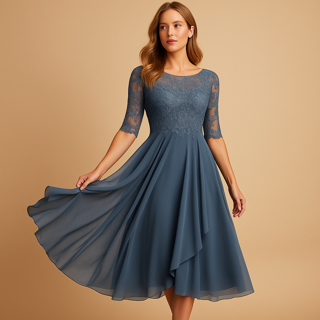 Elegant lace top midi dress for women with asymmetrical layered skirt, ideal for cocktail parties, summer events, and special occasions.