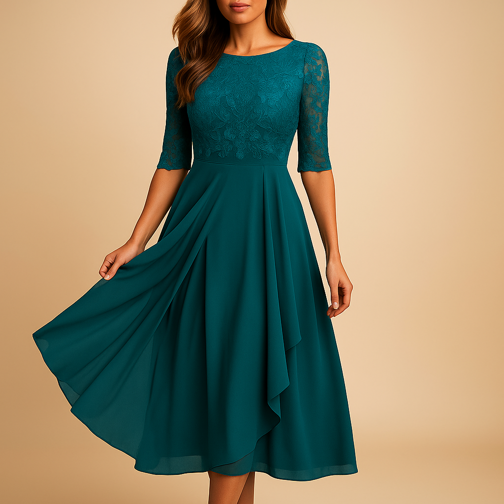 Elegant lace top midi dress for women with asymmetrical layered skirt, ideal for cocktail parties, summer events, and special occasions.